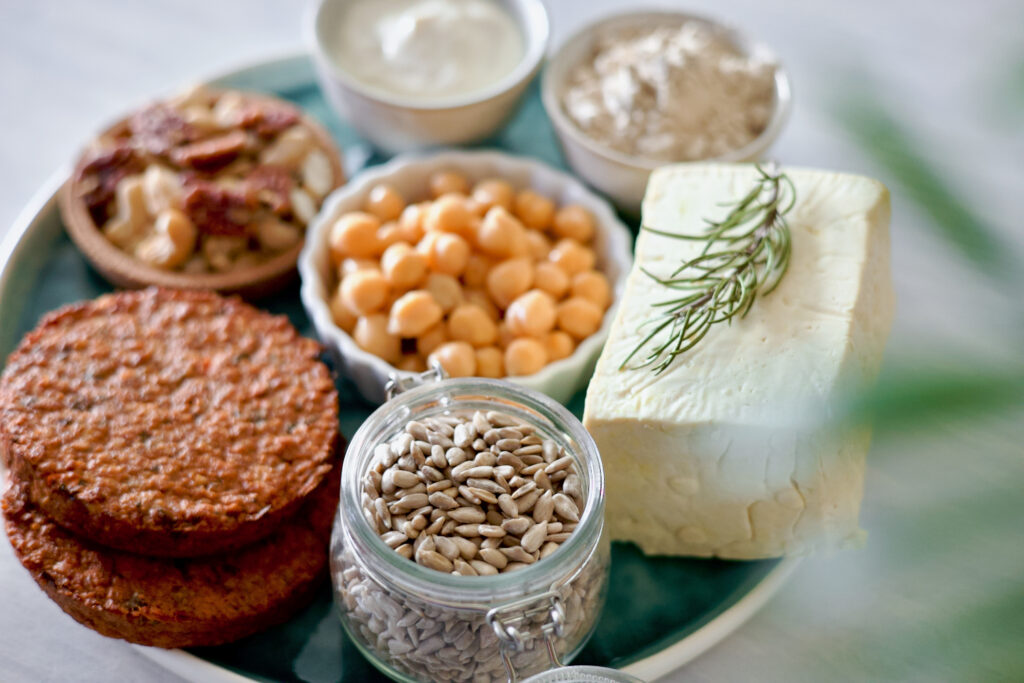 plate with plant-based protein sources - tofu, burgers, nuts, protein powder, yogurt, seeds, legumes
